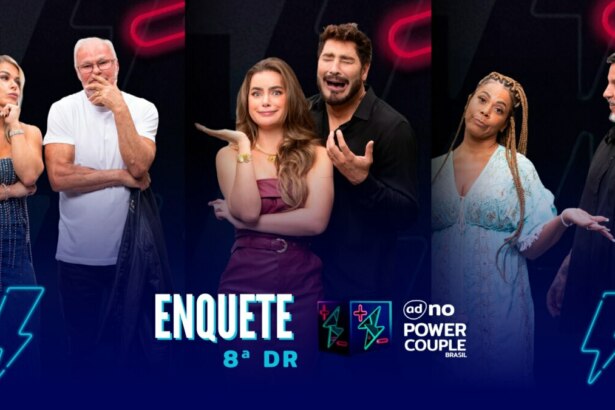 Cris e Kadu, Rayanne e Victor, Silvia e André com semblantes tristes na arte da enquete do Power Couple Brasil 7 na oitava DR