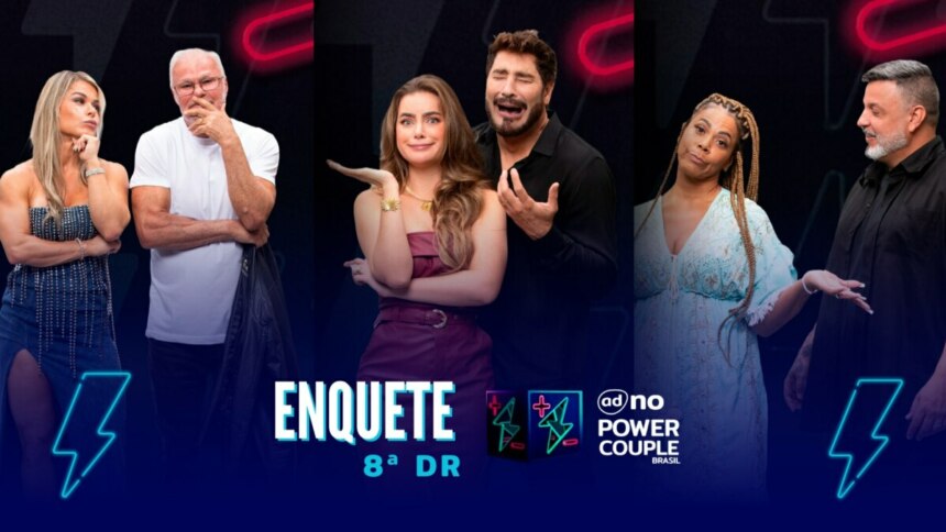 Cris e Kadu, Rayanne e Victor, Silvia e André com semblantes tristes na arte da enquete do Power Couple Brasil 7 na oitava DR