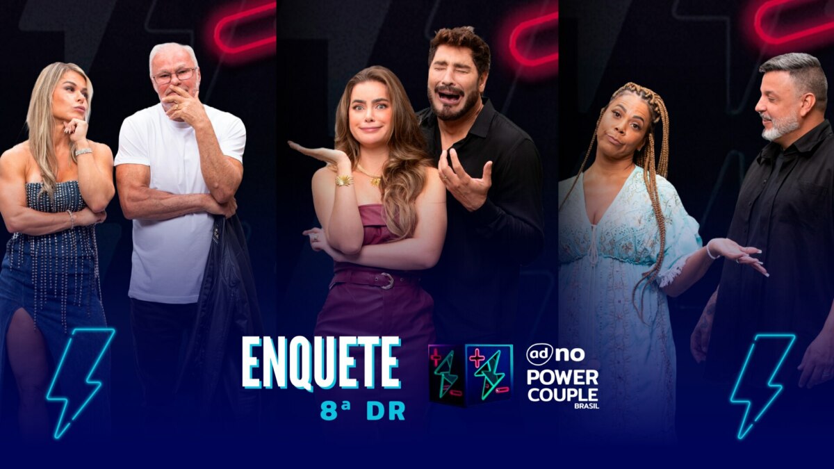 Cris e Kadu, Rayanne e Victor, Silvia e André com semblantes tristes na arte da enquete do Power Couple Brasil 7 na oitava DR