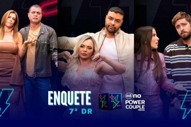 Adriana e Dhomini, Ana Paula e Antony e Nat e Eike com semblantes tristes na arte da enquete do Power Couple Brasil 7 na séstima DR