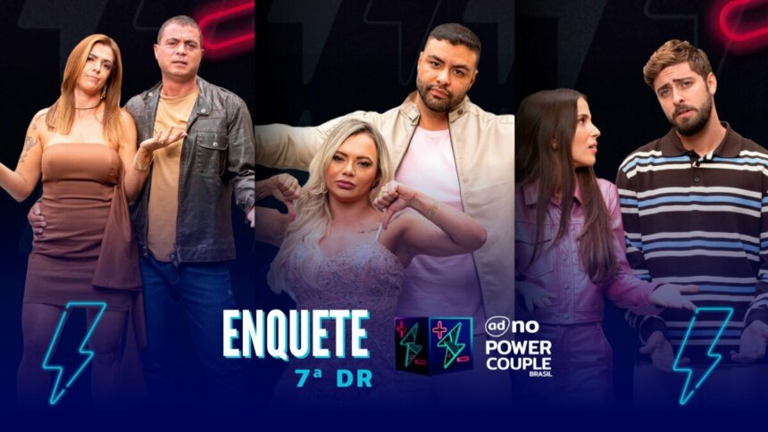 Adriana e Dhomini, Ana Paula e Antony e Nat e Eike com semblantes tristes na arte da enquete do Power Couple Brasil 7 na séstima DR