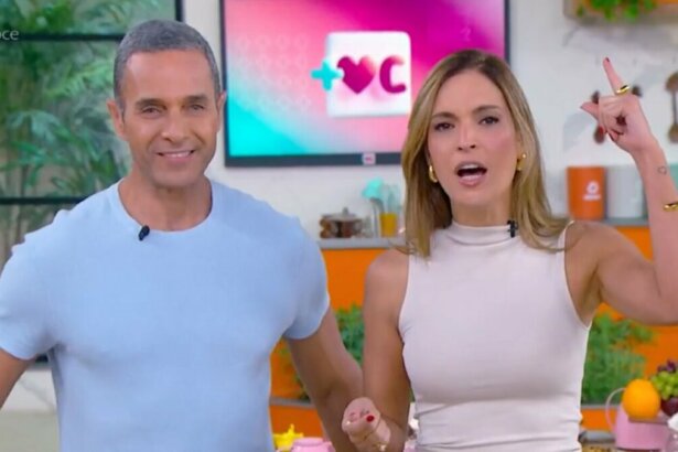 Fabricio Battaglini e Talitha Morete no cenário do Mais Você