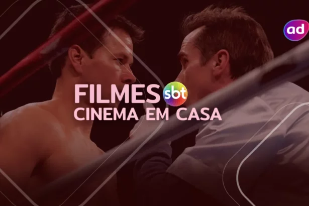 Homem lutando e suado em cima de um palco em cena do filme O Vencedor na arte dos filmes do Cinema em Casa no SBT