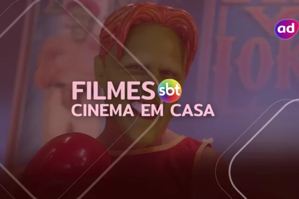 Homem com máscara de cor verde no rosto, na arte do Cinema em Casa no SBT