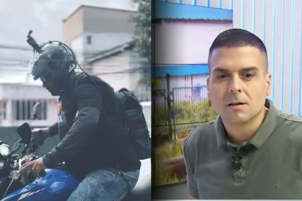 Gessé, cinegrafista do Alô Juca, em cima de uma moto enquanto o apresentador olha para a câmera direto do estúdio da afiliada do SBT