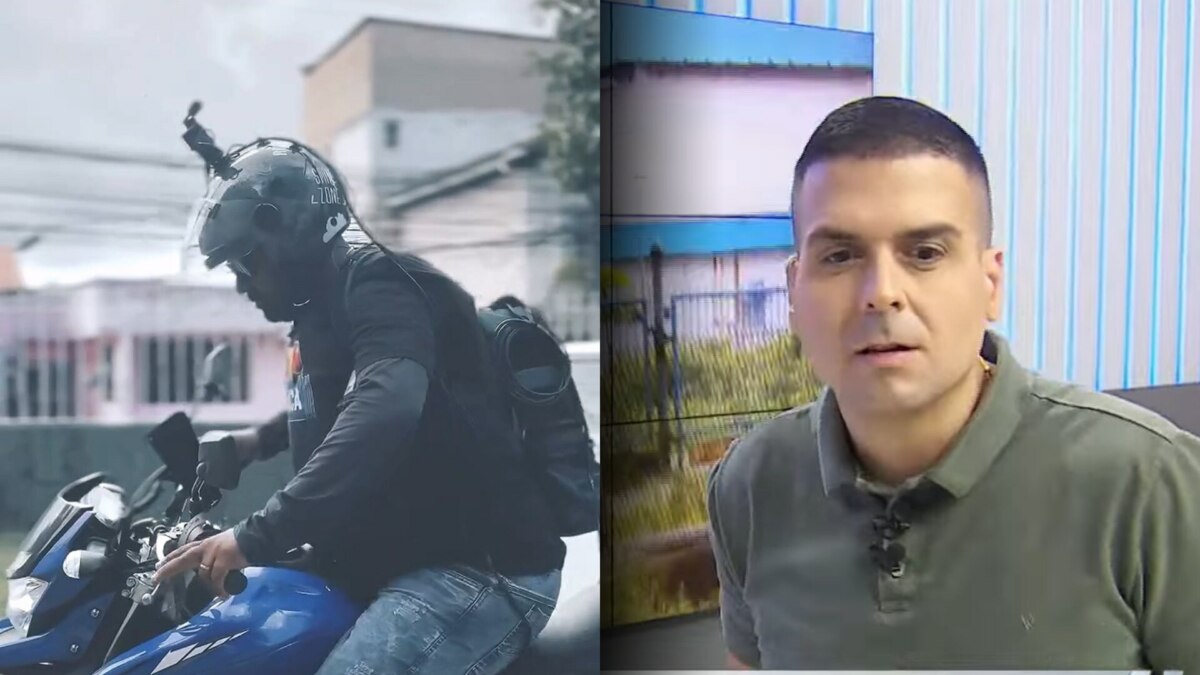 Gessé, cinegrafista do Alô Juca, em cima de uma moto enquanto o apresentador olha para a câmera direto do estúdio da afiliada do SBT