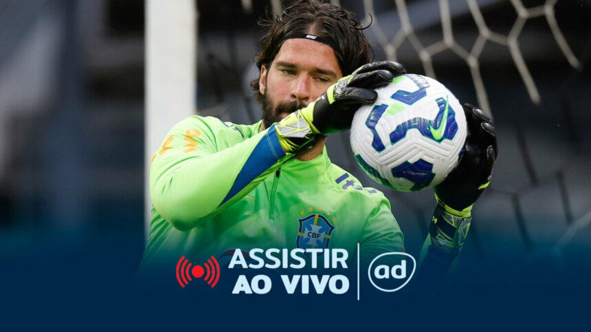 Goleiro Alisson na arte onde assistir Brasil x Paraguai, em jogo das Eliminatórias