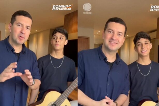 João Gabriel e repórter nos bastidores da entrevista ao domingo espetacular