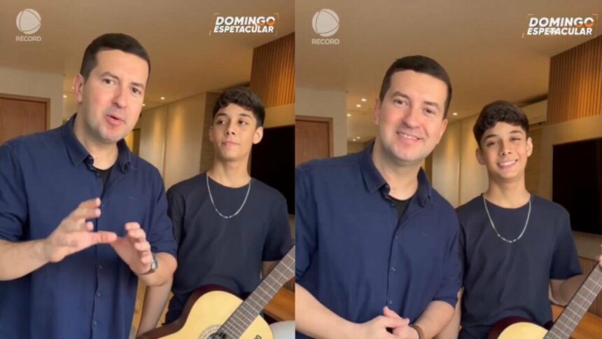 João Gabriel e repórter nos bastidores da entrevista ao domingo espetacular