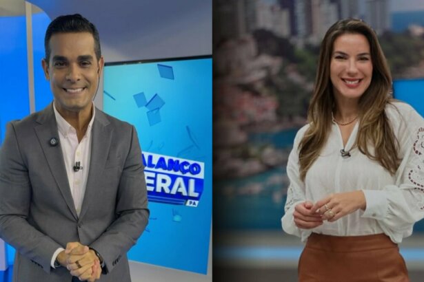 Marcus Pimenta sorrindo no estúdio do Balanço Geral PA e Jessica Smetak também sorrindo, em pé no estúdio do Balanço Geral BA