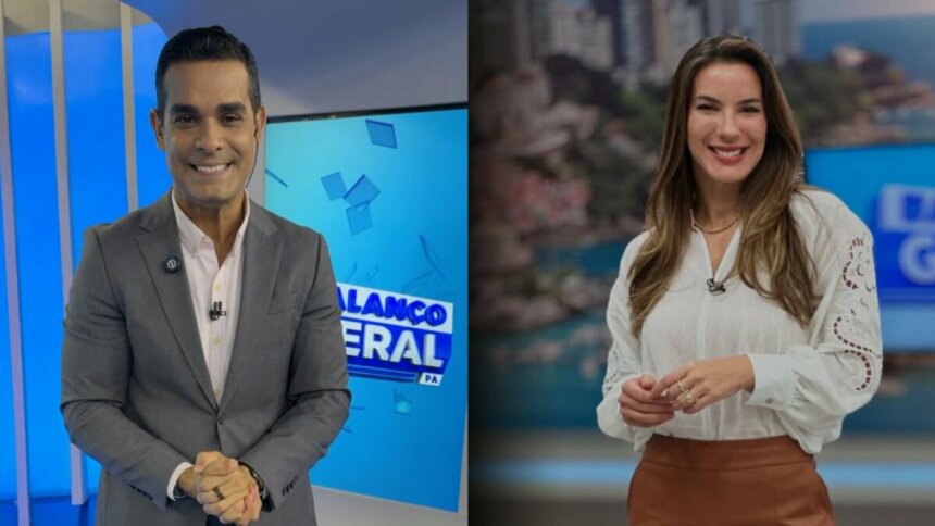 Marcus Pimenta sorrindo no estúdio do Balanço Geral PA e Jessica Smetak também sorrindo, em pé no estúdio do Balanço Geral BA