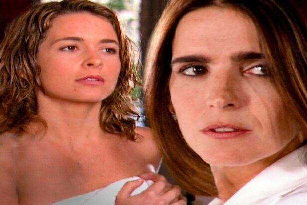 Laura olha para Maria Clara em cena de Celebridade, as duas estão tensas