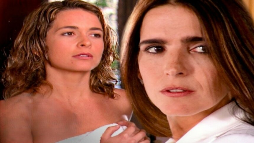 Laura olha para Maria Clara em cena de Celebridade, as duas estão tensas