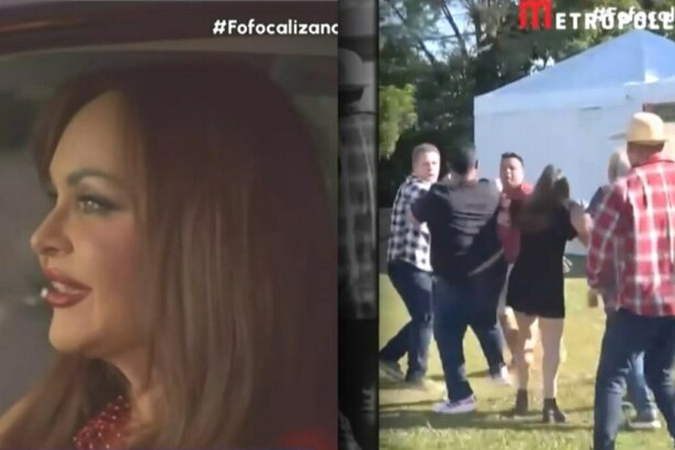 Atriz mexicana Gabriela Spanic sorridente dentro de um carro dividindo tela com uma cena de briga exibida no Fofocalizando
