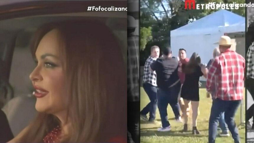Atriz mexicana Gabriela Spanic sorridente dentro de um carro dividindo tela com uma cena de briga exibida no Fofocalizando