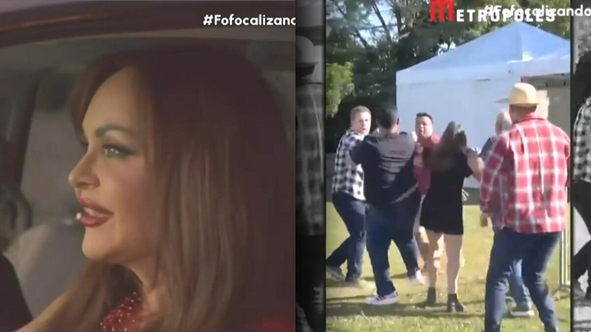 Atriz mexicana Gabriela Spanic sorridente dentro de um carro dividindo tela com uma cena de briga exibida no Fofocalizando