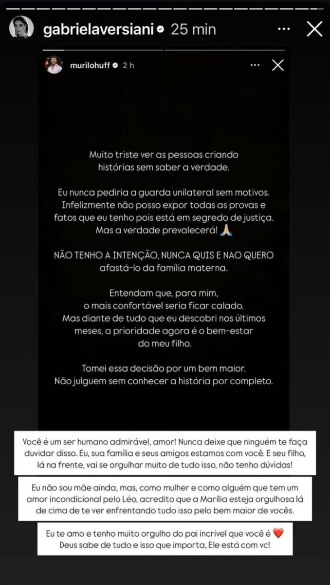 Post de Gabriela Versiani, defendendo Murilo Huff, publicado nos stories do Instagram 