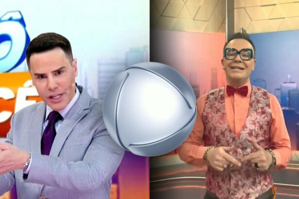 Luiz Bacci aponta para o lado esquerdo da tela como se esitivesse irritado no cenário do Alô Você. Felipe Campos surge sorridente no cenário do Alô Você. Na montagem o logo da RECORD divide os dois apresentadores