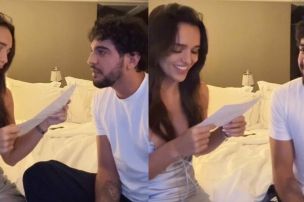 Rafa Kalimann e Nattan, lendo uma carta, em trecho do vídeo anúncio de gravidez
