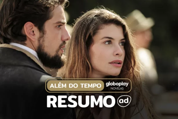 Lívia (Alinne Moraes) e Felipe (Rafael Cardoso) olhando para o horizonte assustados em cena da novela. A imagem está na arte do resumo de Além do Tempo
