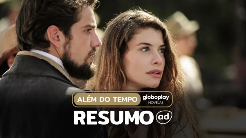 Lívia (Alinne Moraes) e Felipe (Rafael Cardoso) olhando para o horizonte assustados em cena da novela. A imagem está na arte do resumo de Além do Tempo