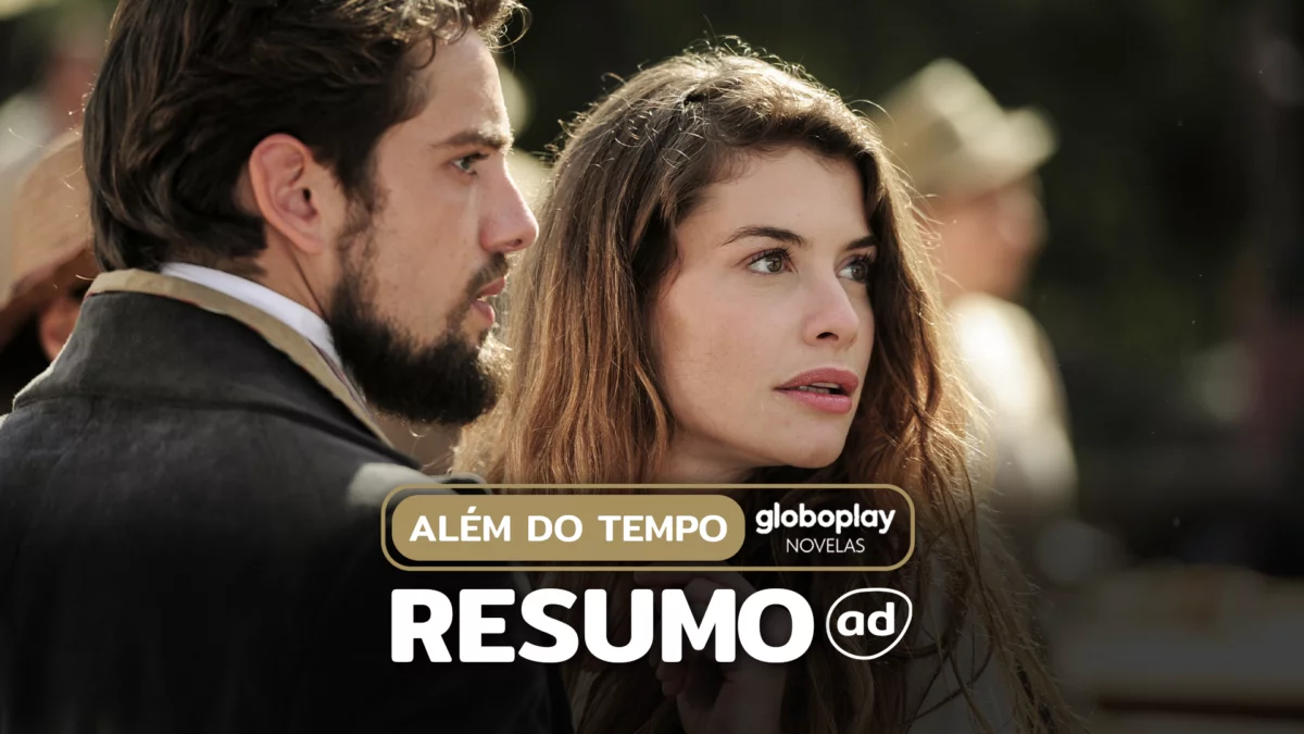 Lívia (Alinne Moraes) e Felipe (Rafael Cardoso) olhando para o horizonte assustados em cena da novela. A imagem está na arte do resumo de Além do Tempo