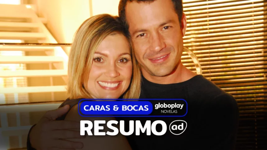 Protagonistas de Caras & Bocas sorridentes na arte do resumo da novela do Globoplay Novelas