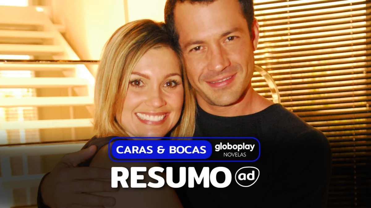 Protagonistas de Caras & Bocas sorridentes na arte do resumo da novela do Globoplay Novelas