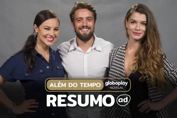 Melissa (Paolla Oliveira), Felipe (Rafael Cardoso) e Lívia (Alinne Moraes) abraçados e sorridentes nos bastidores da novela. Os atores estão na arte do resumo de Além do Tempo