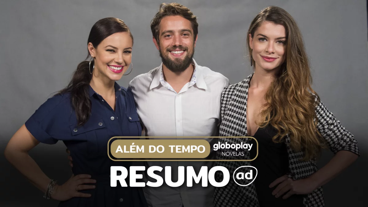 Melissa (Paolla Oliveira), Felipe (Rafael Cardoso) e Lívia (Alinne Moraes) abraçados e sorridentes nos bastidores da novela. Os atores estão na arte do resumo de Além do Tempo