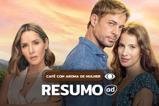 Lúcia observa Sebastião e Gaivota na montagem do resumo de Café com Aroma de Mulher