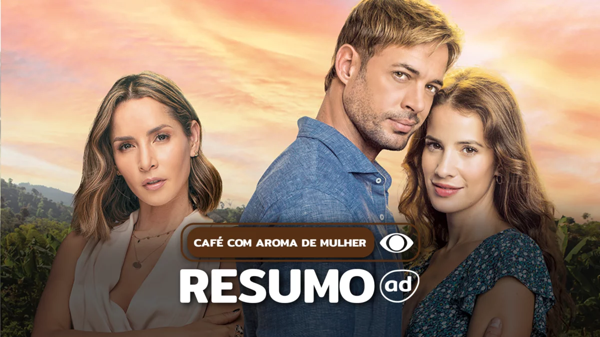 Lúcia observa Sebastião e Gaivota na montagem do resumo de Café com Aroma de Mulher