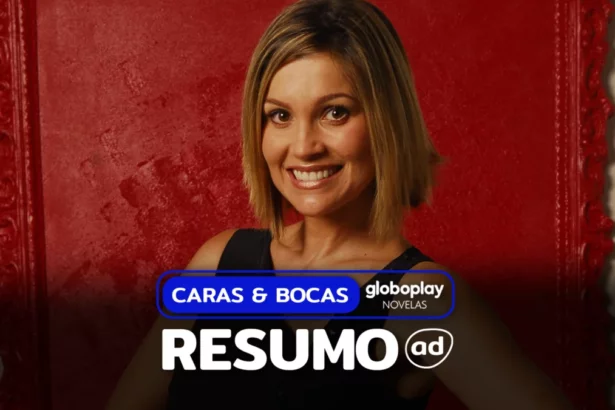 Protagonista de Caras & Bocas sorridente na arte do resumo da novela do Globoplay Novelas