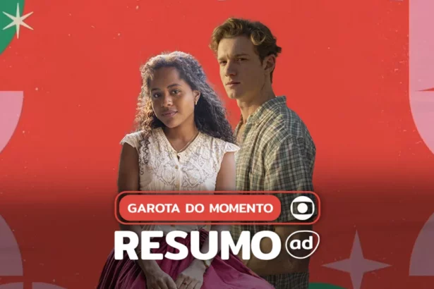 Protagonistas da novela Garota do Momento na arte do resumo da novela