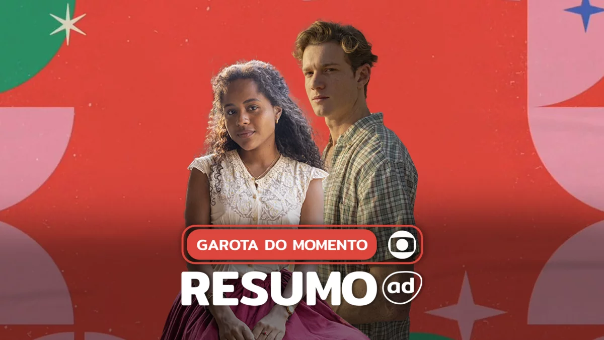 Protagonistas da novela Garota do Momento na arte do resumo da novela