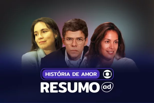 Protagonistas de História de Amor sorridentes na arte do resumo da novela