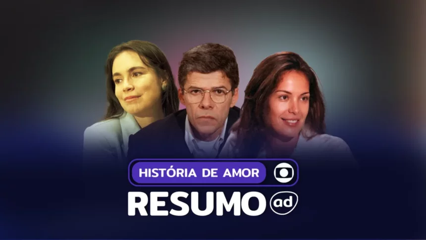 Protagonistas de História de Amor sorridentes na arte do resumo da novela
