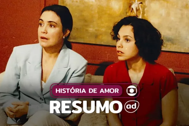 Protagonistas de História de Amor sorridentes na arte do resumo da novela