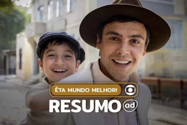 Candinho (Sergio Guizé) e Samir (Davi Malizia) sorridentes na arte do resumo de Êta Mundo Melhor!