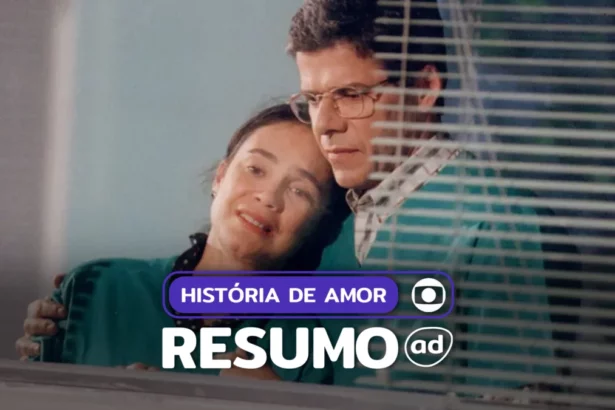 Casal de protagonistas de História de Amor sorridentes na arte do resumo da novela