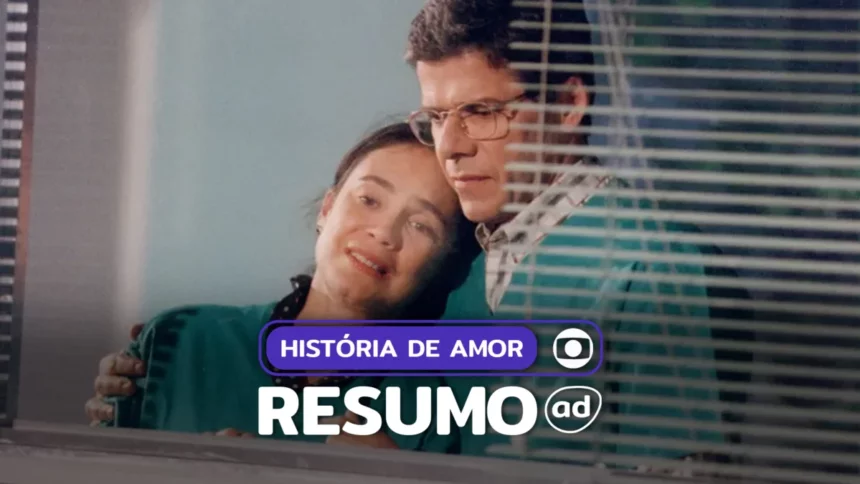 Casal de protagonistas de História de Amor sorridentes na arte do resumo da novela