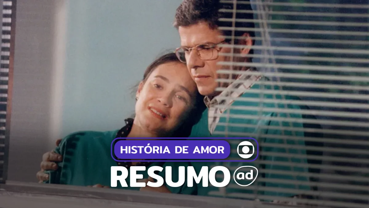 Casal de protagonistas de História de Amor sorridentes na arte do resumo da novela