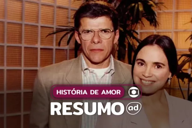 Casal de protagonistas de História de Amor sorridentes na arte do resumo da novela