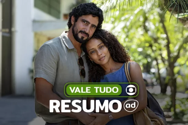 Ivan e Raquel abraçados e sorridentes nas ruas. Casal de protagonista está na arte do resumo de Vale Tudo