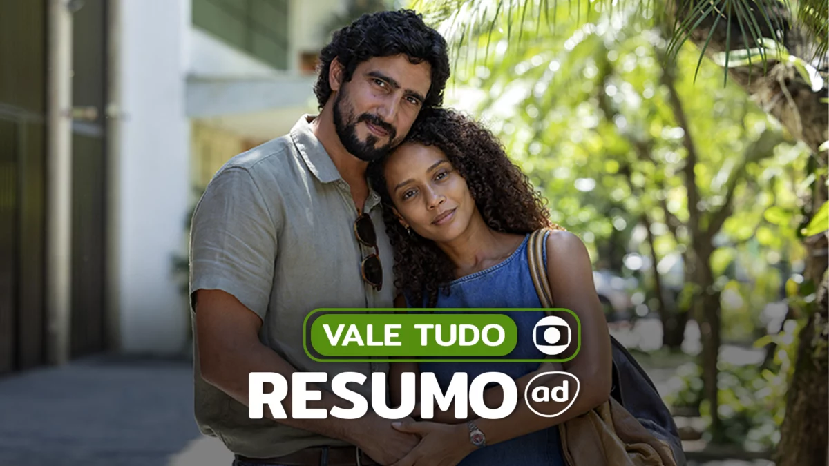 Ivan e Raquel abraçados e sorridentes nas ruas. Casal de protagonista está na arte do resumo de Vale Tudo