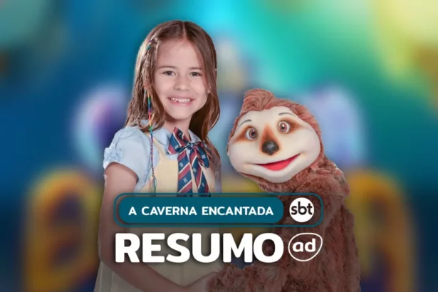 Anna sorrindo ao lado de um fantoche em arte do resumo de A Caverna Encantada