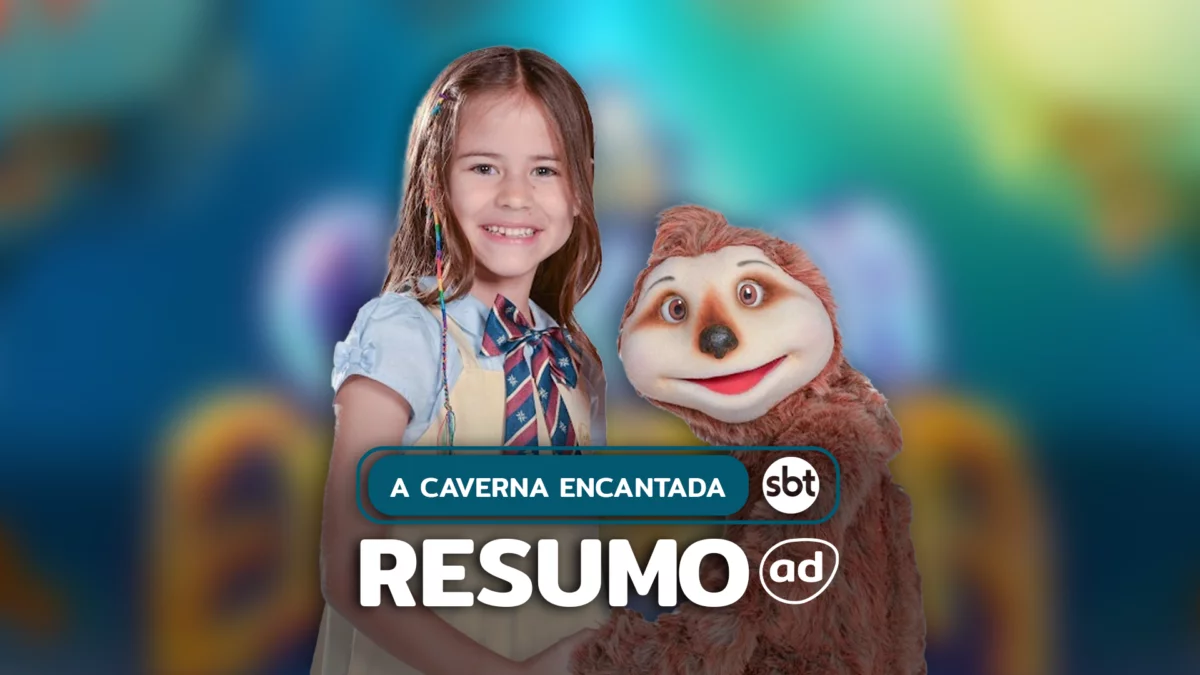 Anna sorrindo ao lado de um fantoche em arte do resumo de A Caverna Encantada