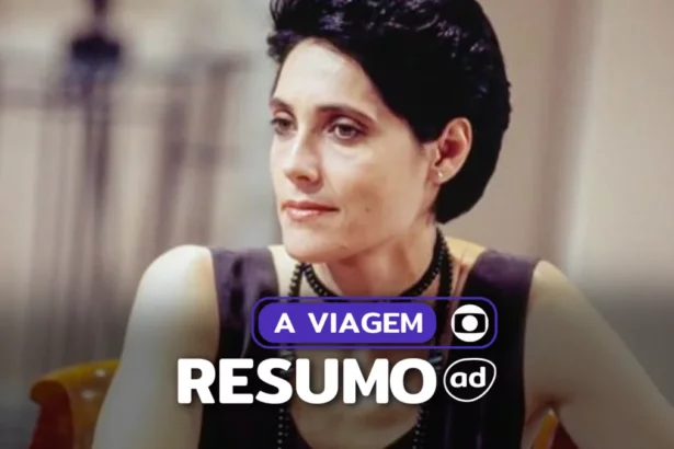 Dinah (Christiane Torloni) sentada na arte do resumo da novela A Viagem