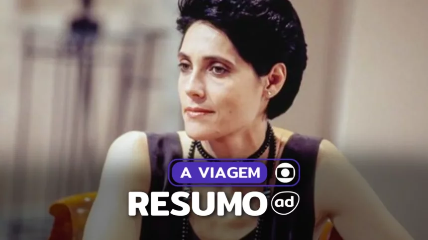 Dinah (Christiane Torloni) sentada na arte do resumo da novela A Viagem