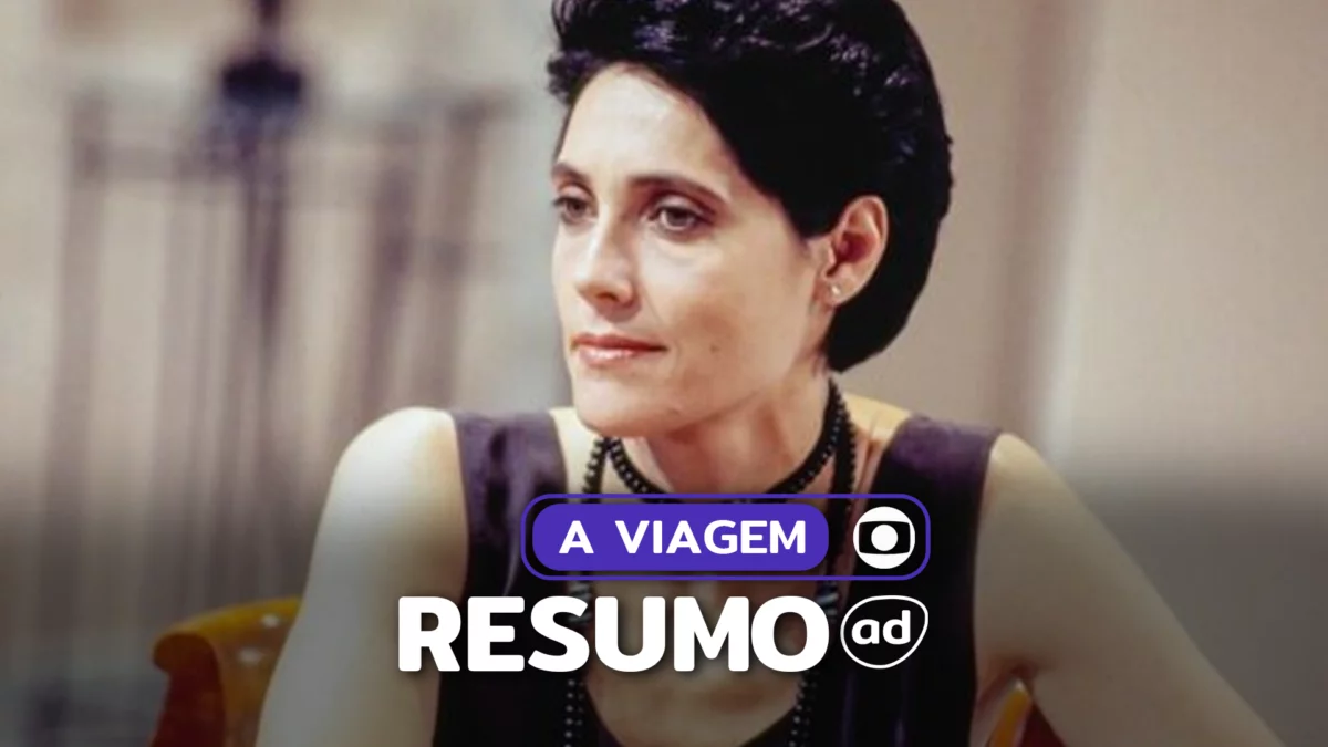 Dinah (Christiane Torloni) sentada na arte do resumo da novela A Viagem